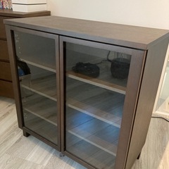 無印良品　ブラウン木製キャビネット ガラス扉 無印良品】ガラス戸キャビネット ブラウン 4段