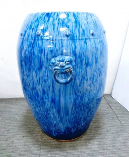 火鉢 ( 灰入り )　高さ65㎝×幅48㎝　壺　つぼ　陶器　植木鉢　ブルー系　アンティーク　大型　重厚感　レトロ