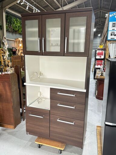 ★キッチンボード★ 食器棚 レンジボード ダークブラウン W88cm コンセント4口 キッチン収納 ダイニング収納