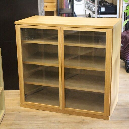 836)MUJI 無印良品 木製キャビネット サイドボード 幅88cm ガラス扉 オーク材 ナチュラル