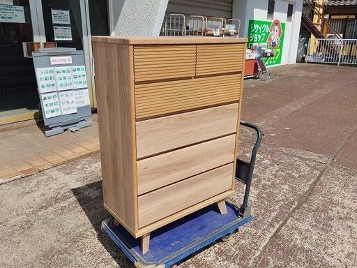 シギヤマ家具　クロスタイム　オーク突板　ラバーウッド　木製５段ハイチェスト『中古美品』