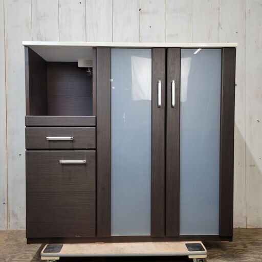 9/10 終 ニトリ キッチン収納 食器棚 キッチンボード ブラウン 約W1200×D405×H1150mm 24h菊HG