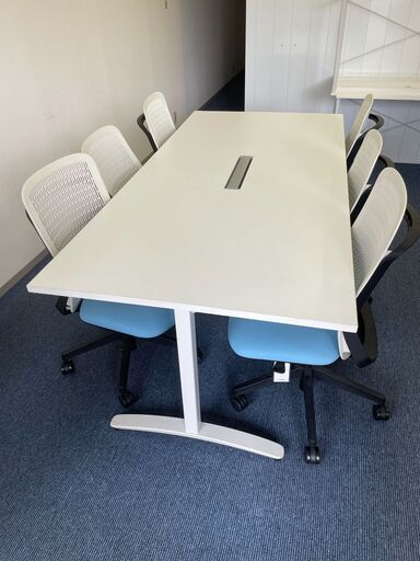◆美品☆ プラス 会議テーブル ハイバックチェア 6脚 NN-2110TRH/Tryシリーズ T字脚アジャスター 配線口付 長方形 幅210㎝