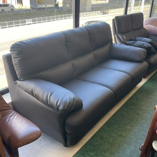 三人掛けレザーソファ ブラック 椅子 W175×H87×D80cm 家具 札幌 東区
