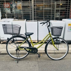 《売約済》 【武蔵小山店】 チャリ 自転車　街乗り　町乗り　コンパクト　大人　女性　子供　軽量　ライト　カゴ　付き　カーキ　グリーン　系　