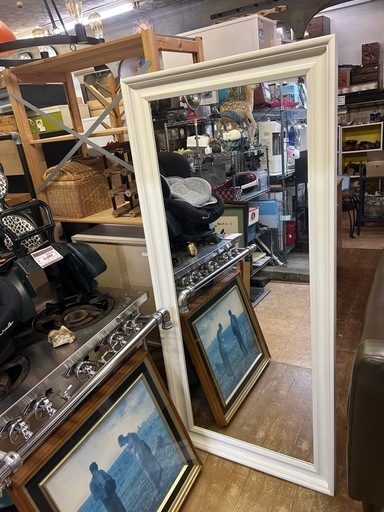 アース万代店　クラシック家具 店舗什器 木製枠の大型鏡 立て掛け鏡  姿見