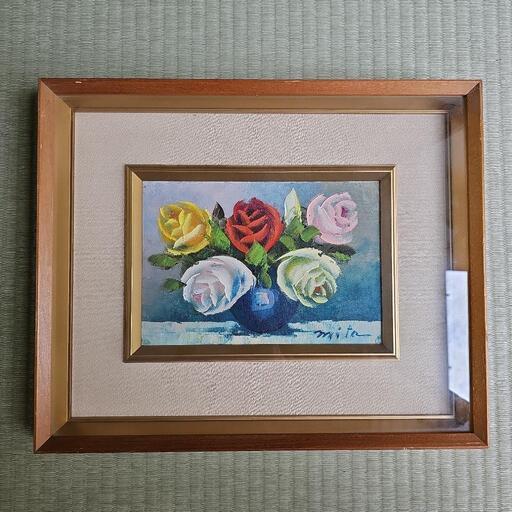 【昭和レトロ/1970年代物】mita真作 木製 額縁入り 金縁 油絵 手描き  薔薇 花瓶  花柄デザイン 油彩 額装 静物画