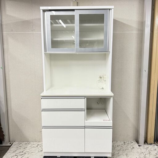 19465  NITORI 2枚ガラス扉　キッチンボード　幅900　食器棚   ◆大阪市内・東大阪市他 6,000円以上ご購入で無料配達いたします！◆ ※京都・高槻・枚方方面◆神戸・西宮・尼崎方面◆生駒方面、大阪南部方面　それぞれ条件付き無料配送あり！
