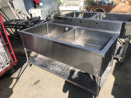 ステンレス製 2槽シンク バックガードあり 150cm×77cm×高さ80cm