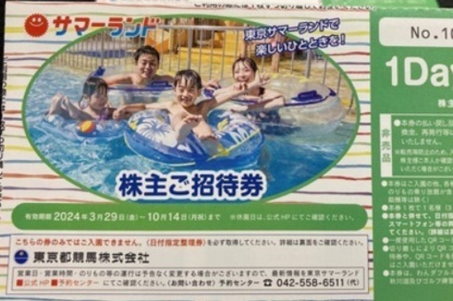 サマーランド株主優待券２枚　夏季期間利用可