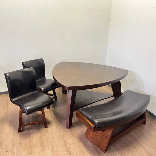 関家具 定価114390円 ダイニングテーブルセット 4点 まとめ 三角テーブル/回転チェア/ベンチ ブラウン 家具 モダン 木製