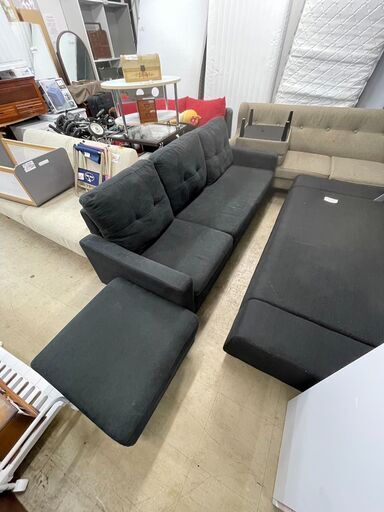 3人掛けソファ　No.13182　オットマン付き　ブラック　【リサイクルショップどりーむ荒田店】