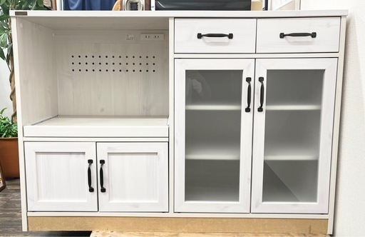 【中古品】佐藤産業 大型レンジ対応 レンジボード キッチンカウンター 食器棚 幅120cm LUK80-120L 木目調　ホワイト キッチン収納 生活家具 収納家具