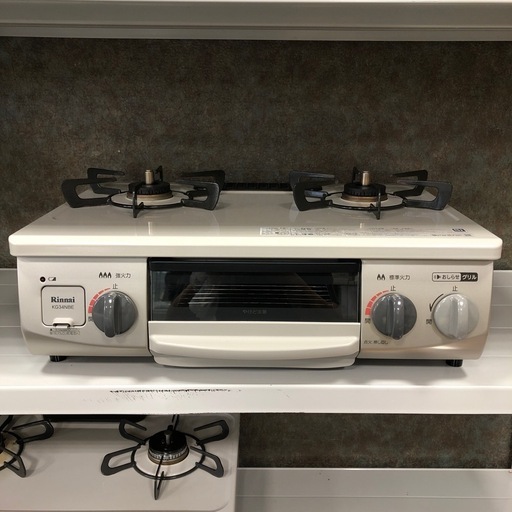 【中古品】Rinnai リンナイ ガステーブル LPガス用 KG34NBEL 2021年製 ベージュ 2口 ガスコンロ グリル付き 左強火力