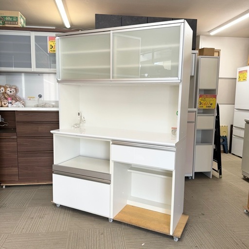 【超美品‼️】定価数十万♪ エスエークラフト 130cm幅キッチンボード 食器棚 収納家具  鏡面仕上げホワイト♪