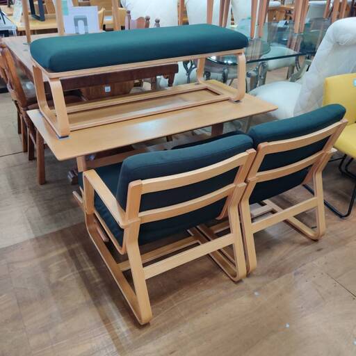 【愛品倶楽部柏店】MUJI (無印良品) ダイニング4点セット リビングでもダイニングでもつかえるシリーズ ダークグリーン オーク材