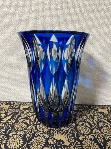 Saint Louis クリスタル青 ガラスカッティング文様　花瓶