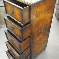 バーズアイメイプル 5段チェスト 高103.5×幅36㎝ ヴィンテージ家具 鳥眼杢 突板 葡萄杢 瘤杢 バール材 アンティーク 西岡店 