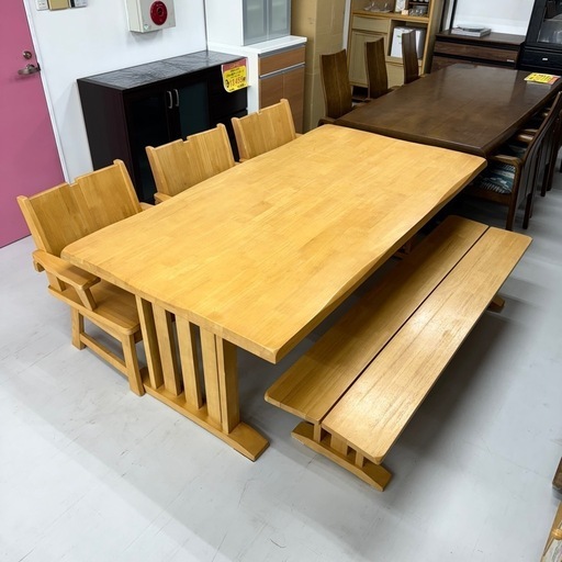 【超美品‼️】定価十数万♪ 190cm幅6人掛けダイニングテーブルセット 片側ベンチ 天然木製ナチュラルブラウン♪