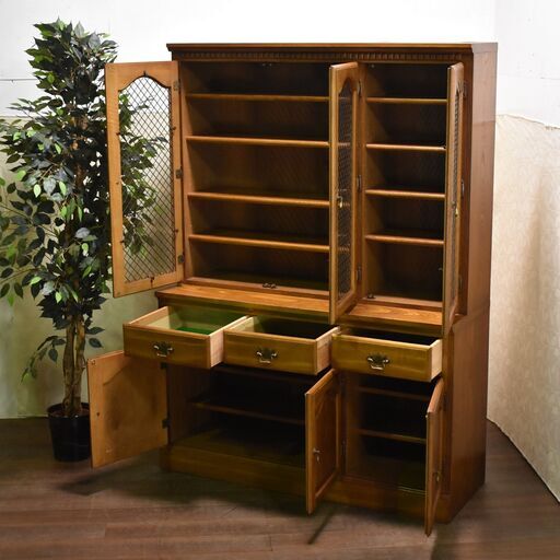 コスガ アンティーク 格子ガラス扉 無垢 カップボード 収納棚 飾り棚