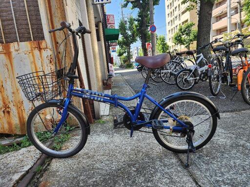 折りたたみ自転車　２０インチ　６変速　カゴ　付き　青　配達可能