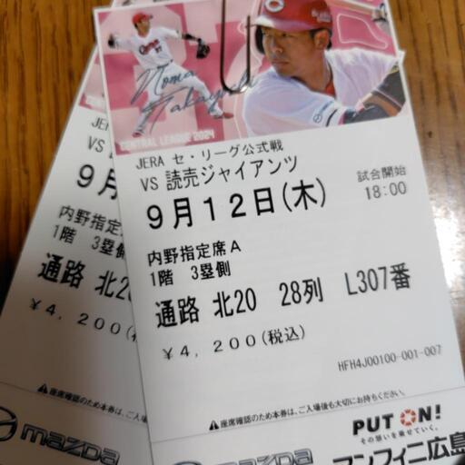 カープチケット内野指定　３塁側　２枚