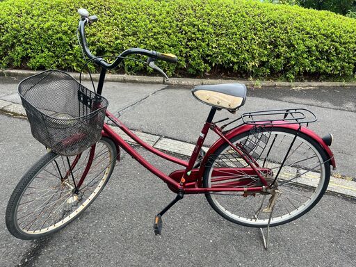 リサイクルショップどりーむ天保山店　No1373　自転車　ママチャリ　赤色　カゴ付き　ベル付き　ライト付き