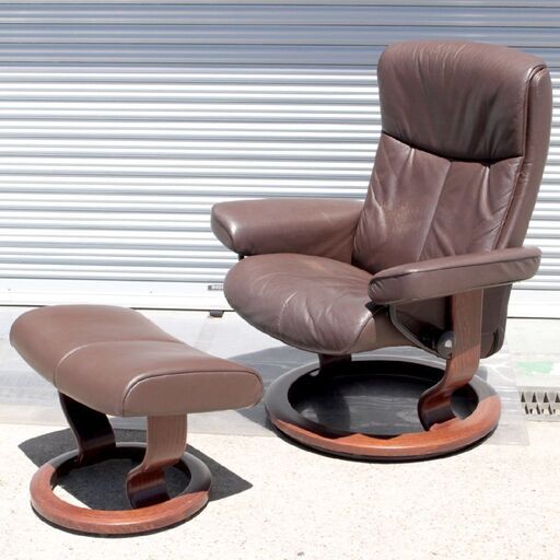 T273)【送料別】EKORNES エコーネス Mサイズ 本革ストレスレスチェア/オットマンセット 2017年製 ブラウン系 椅子 ノルウェー ソファ