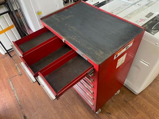 ツールキャビネット　No.14284　MAC tools　レッド　工具箱　ツールボックス　※鍵なし、右側取っ手欠品、車輪ロック機構故障【リサイクルショップどりーむ天保山店】 ツールキャビネット No.14284 MAC tools レッド 工具箱 ツールボックス