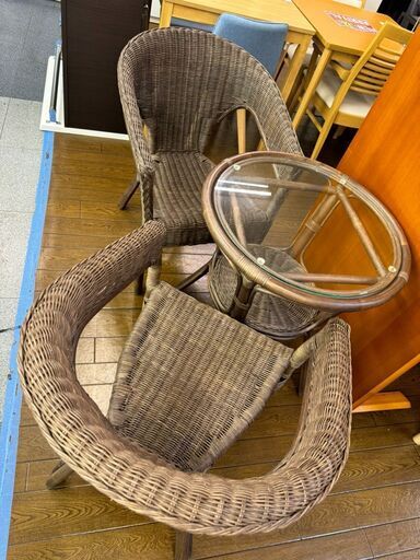 2-49 ラタン テーブルチェア3点セット【引取限定・現状渡し】カグマニア