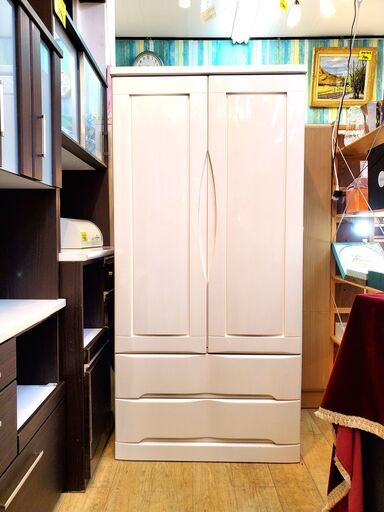 ワードローブ 引出し2個 クローゼット ハンガーラック ホワイト 鏡面