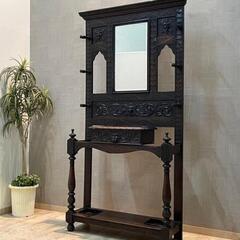 英国アンティーク♪手彫り装飾が美しいミラー付きホールスタンド！オーク無垢材 全国発送可能！ 】英国アンティーク♪手彫り装飾が美しいミラー