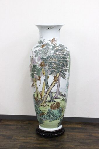 ≪ZU1046ジ≫ 自然窯 大型 飾り壺 全長約105㎝ 山水鳥獣図 猿/さる 鳥/酉/とり 工芸品/陶芸 インテリア/飾り物 台座付属