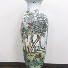 ≪ZU1046ジ≫ 自然窯 大型 飾り壺 全長約105㎝ 山水鳥獣図