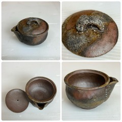 k0912611 備前焼 木村陶峰造 備前焼  蔵出し品 宝瓶 急須 茶器 抹茶碗 共箱　茶器揃 泡瓶 湯冷 茶碗五客  箱付  煎茶道具 茶道具 中古 現状品