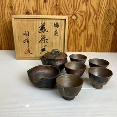 k0912611 備前焼 木村陶峰造 備前焼  蔵出し品 宝瓶 急須 茶器 抹茶碗 共箱　茶器揃 泡瓶 湯冷 茶碗五客  箱付  煎茶道具 茶道具 中古 現状品