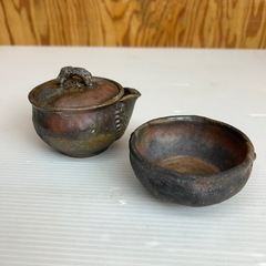 k0912611 備前焼 木村陶峰造 備前焼  蔵出し品 宝瓶 急須 茶器 抹茶碗 共箱　茶器揃 泡瓶 湯冷 茶碗五客  箱付  煎茶道具 茶道具 中古 現状品