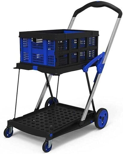キャリーカート 台車 静音 耐荷重60kg 折りたたみ 2段 カート ショッピングカート コンテナカート 4輪 業務用カート 業務カート コンパクト ストッパー コンテナ かご 付き 室内 倉庫 軽量 業務用