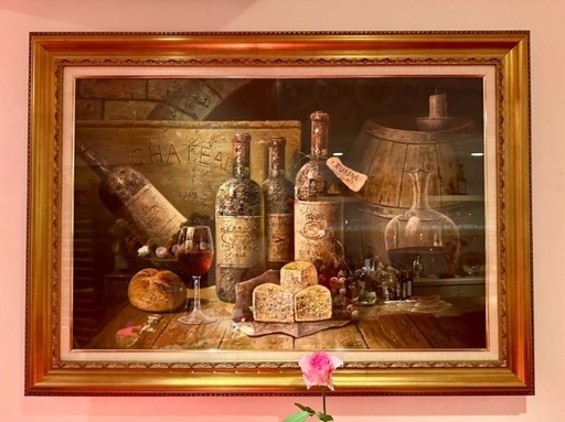 ワイン　チーズ　ヨーロッパ風景　絵画　額縁　油絵