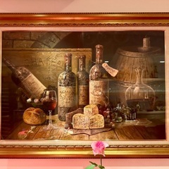 ワイン チーズ ヨーロッパ風景 絵画 額縁 油絵