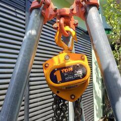 抜根　キトーチェーンブロック1t＋三脚ヘッド＋単管パイプ