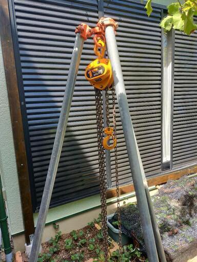 抜根キトーチェーンブロック1t＋三脚ヘッド＋単管パイプ  