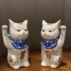 陶器 招き猫 ねこ 置物 唐草模様入りネコ ゴールド レトロアンティーク