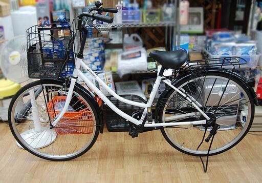 自転車 26インチ ShastarⅡ ママチャリ 黒×白 切替なし ベル・カゴ付き