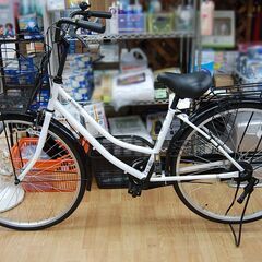 自転車 26インチ ShastarⅡ ママチャリ 黒×白 切替なし ベル・カゴ付き 