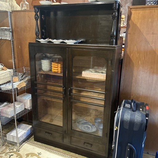 【ヴィンテージ 木製 ガラス書棚】検：昭和レトロビンテージ　大正ロマン　キャビネット食器棚　本棚　収納棚