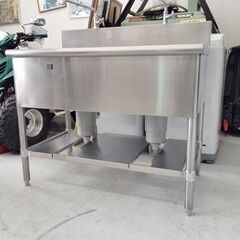 現状渡し 2口 シンク 厨房 ステンレス 作業台  ガレージ 洗い場 全幅100cm×奥行60cm×全高94.5cm 深さ26㎝ 苫小牧西店 現状渡し 2口 シンク 厨房 ステンレス 作業台 ガレージ 洗い場 全幅