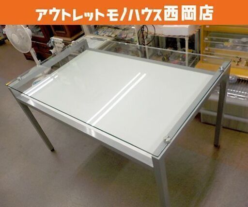 ダイニングテーブル ガラス天板 幅130㎝ 棚付き 金属フレーム ホワイト×シルバー 西岡店