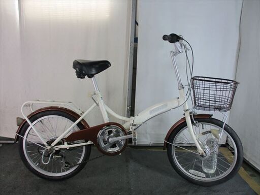 D776　★12800円★　折りたたみ中古自転車【20インチ　　白茶　かご付き 】