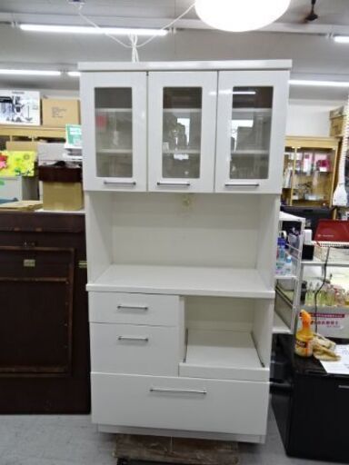 【恵庭】マルミツ　キッチンボード　ホワイトピアノ加工　中古H180ｃｍ　Ｗ９０ｃｍ